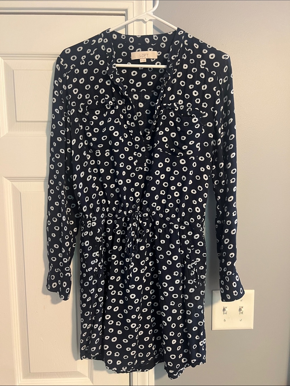 LOFT Navy Blue and White Dot Drawstring Shirtdress